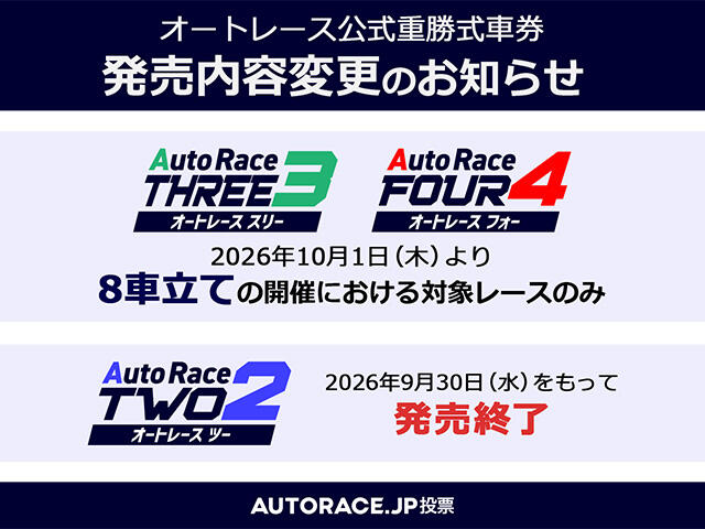 オートレース公式重勝式車券「THREE・FOUR」の発売対象レースの変更及び「TWO」の発売終了について